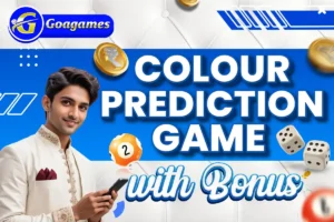 A man holding a phone with colour prediction game with bonus caption behind