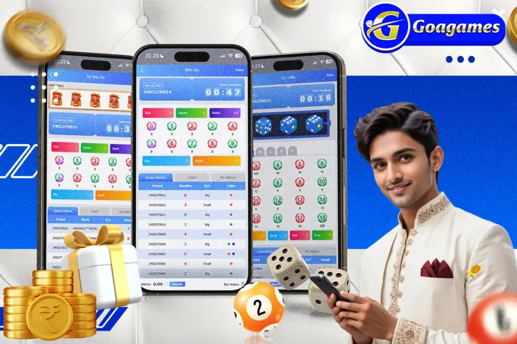 A man holding a phone and colour prediction game with bonus mobile phones behind